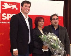 Bundestagskandidatin Stella Kirgiane Efrimidis (Mitte), Stephan Binsch (links), Alexander Maute (rechts)